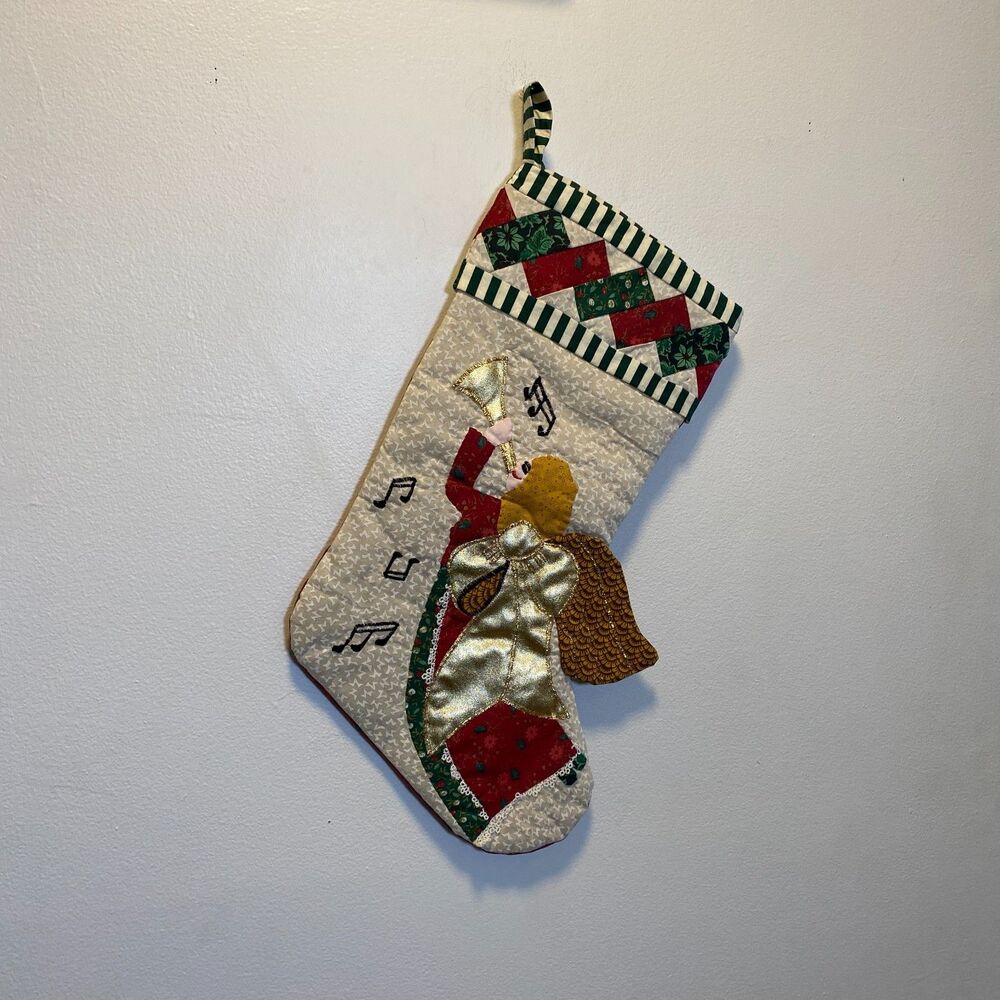 Quilted Angel Christmas Stocking Appliqué Gold Bow Musical Notes Vintage Look